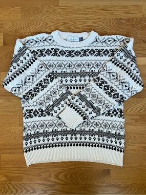 🖤Bill Blass Vintage 90s Grandpa Nordic Sweater Cotton Crewneck • Cream & Black